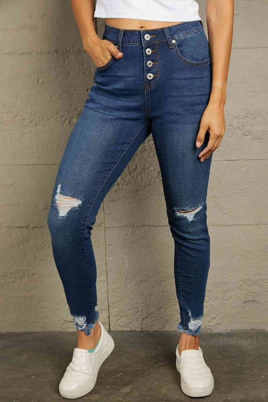 Baeful Distressed Button Fly Skinny Jeans